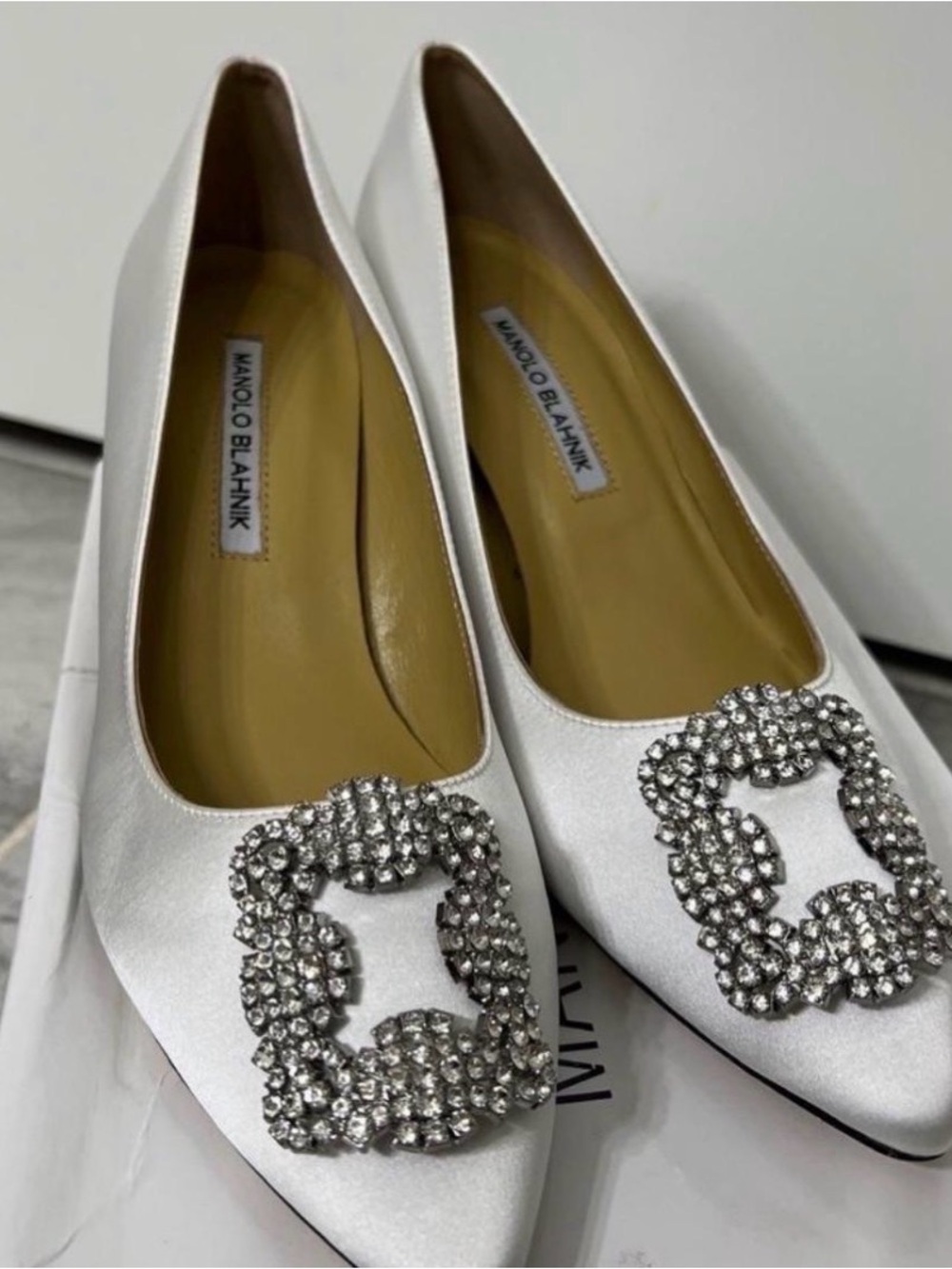 White Satin Pointed Toe Pumps with Crystal Buckle